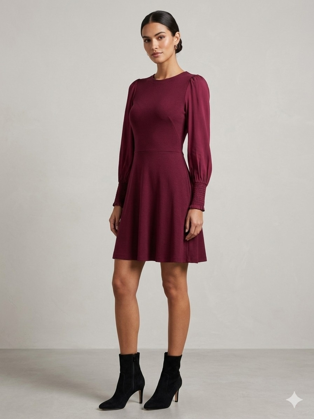 Loft Burgundy Fit & Flare Mini Dress With Puff Sleeves
